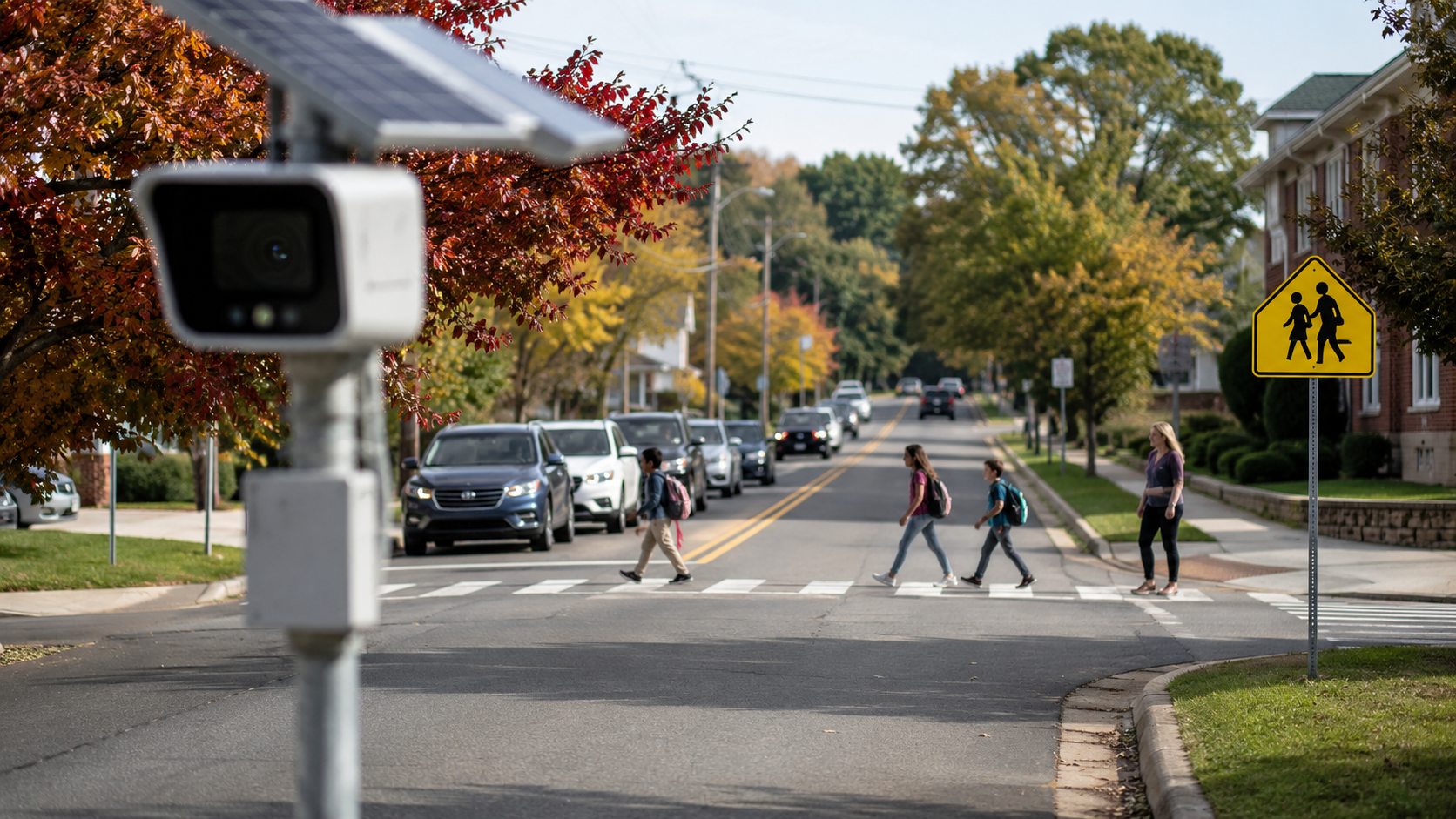AI traffic cameras in Virginia monitoring a school crossing zone