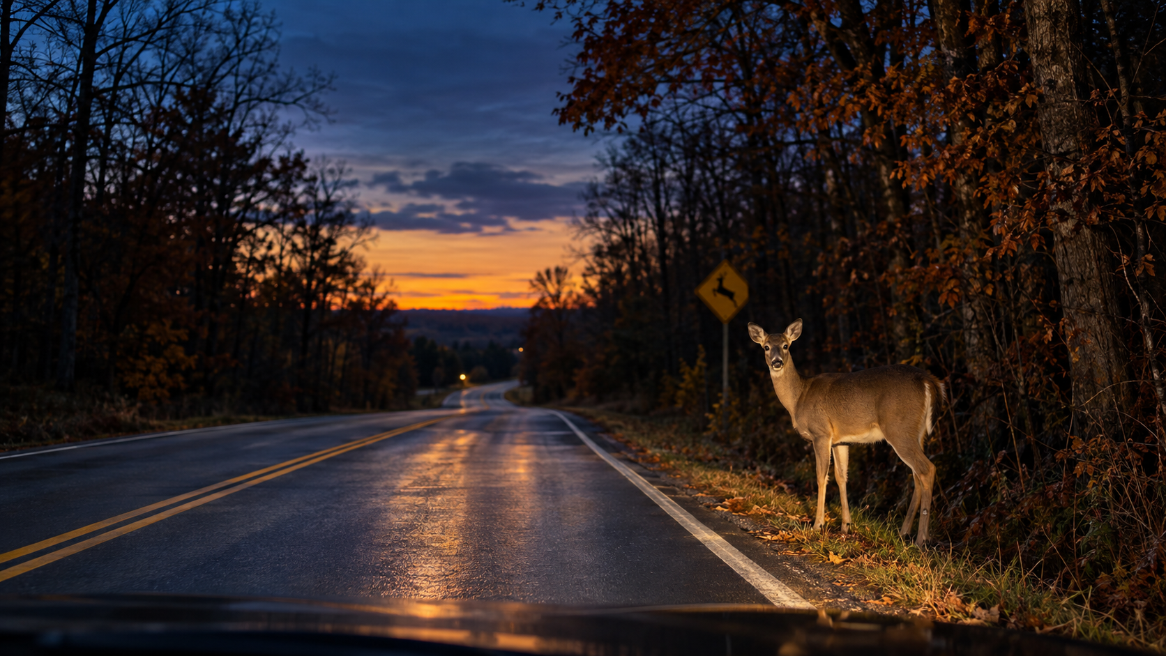 Deer crossing a Virginia road at dusk during peak collision season